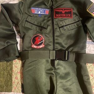 Green top gun Flight Suit Costume dress up with Patches for Halloween